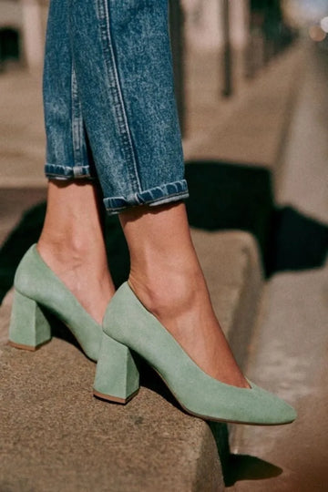 Suede Solid Mint Block Heel Almond Toe Pumps