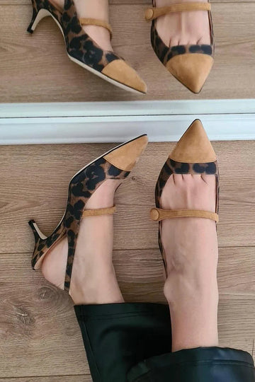 Patchwork Leopard Print Pointed Toe Slingback Kitten Heels