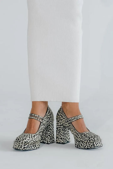 Two Strap Buckle Leopard Print Square Toe White Chunky Heels