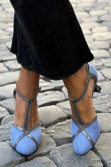 Contrast Binding Patchwork Ankle Strap Blue Casual Heels