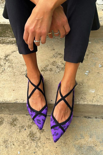 Cross Strap Leopard Print Pointed Toe Purple Flats