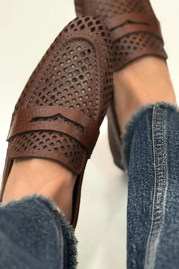Hollow Out Solid Color Patchwork Square Toe Brown Loafers