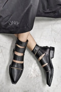 Black Leather Pointed Toe Multi Strap Cutout Flat Sandals
