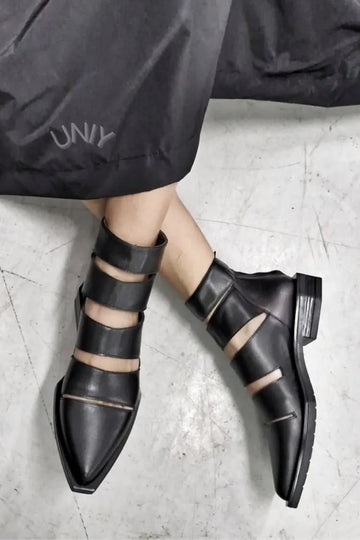 Black Leather Pointed Toe Multi Strap Cutout Flat Sandals