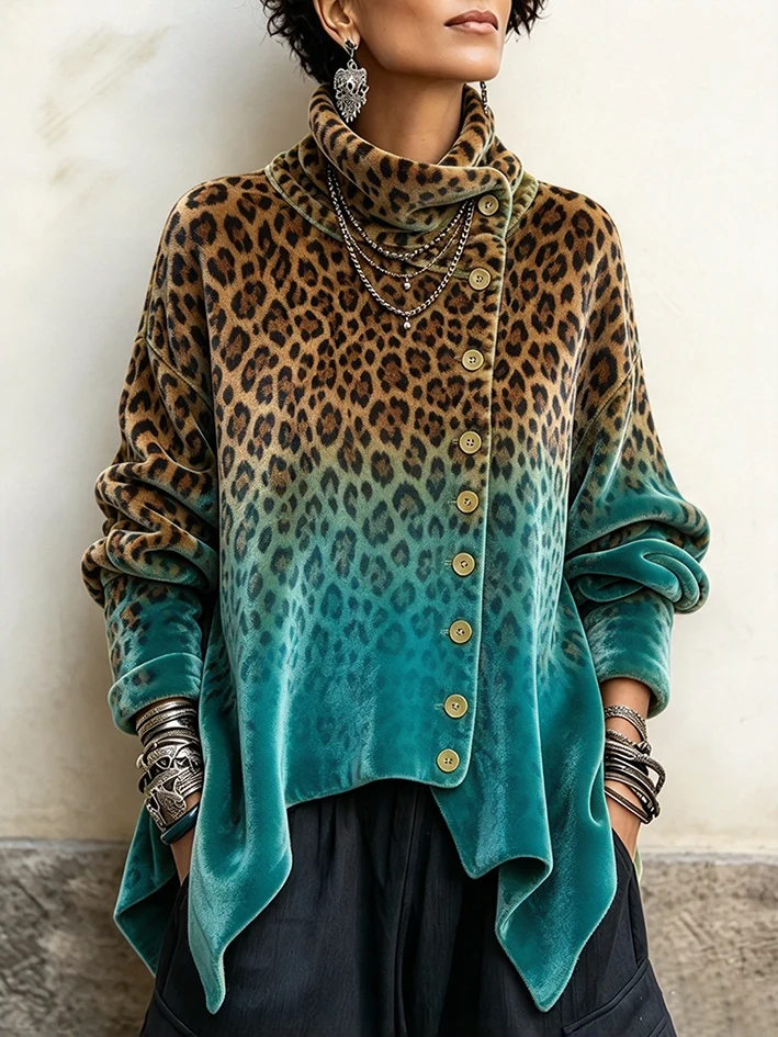 🤲LAST DAY SAVE 49% 🐆Leopard Velvet Asymmetrical Button Top – Cozy & Effortlessly Chic