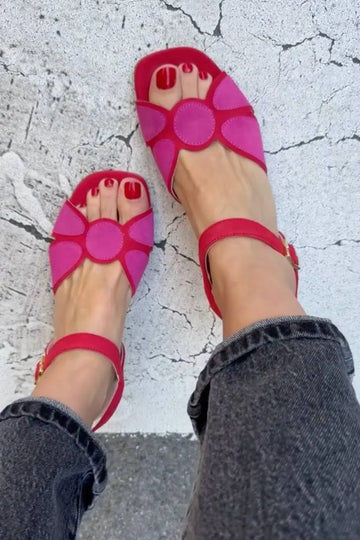 Geometric Square Toe Ankle Strap Pink Red Sandals