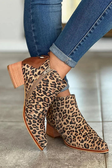 Leopard Print Patchwork Pointed Toe Khaki Ankle Boots