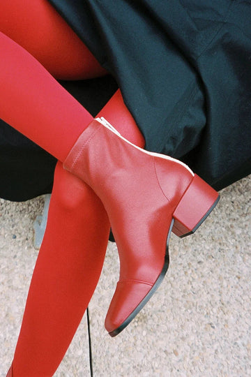 Square Toe Zipper Colorblock Red Chunky Heels Boots