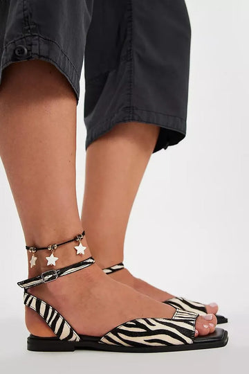Zebra Print Ankle Strap Buckle Square Toe Black Sandals