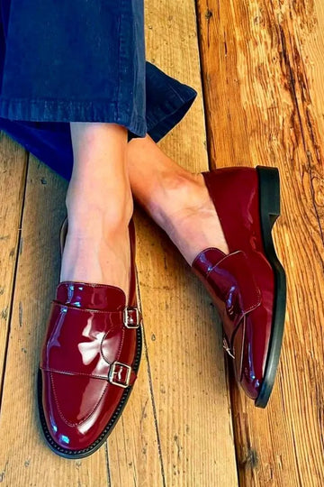 Double Buckle Glossy Patent Leather Slip On Burgundy Loafers