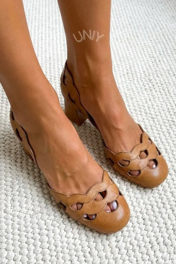 Chic Camel Scalloped Cutout Round Toe Block Heels