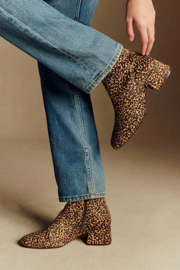 Leopard Print Zipper Square Toe Low Block Heel Ankle Boots
