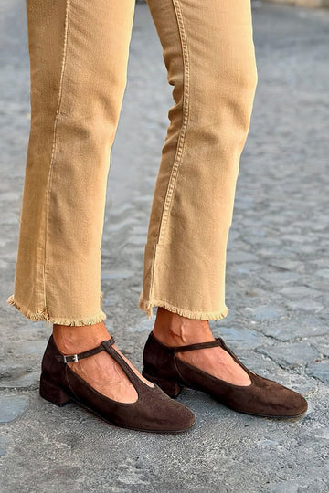 T-Strap Buckle Round Toe Dark Brown Low Heels
