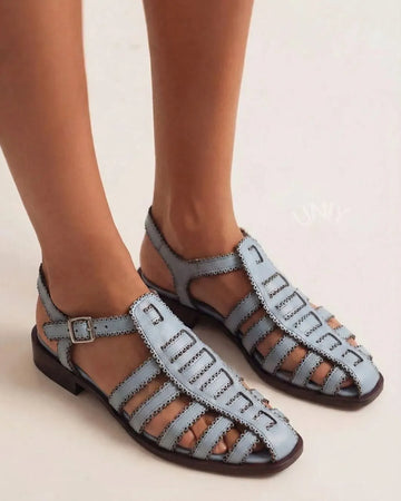 Blue Leather Scalloped Woven Strap Casual Fisherman Sandals