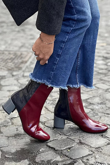 Colorblock Round Toe Zipper Burgundy Chunky Heels Boots