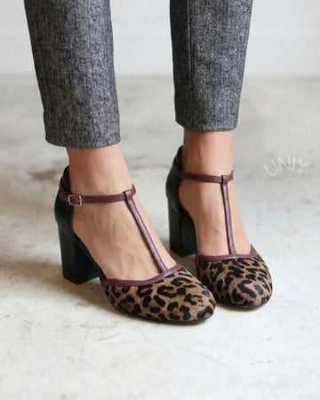 Leopard Print T-Strap Mary Jane Block Heel Pumps