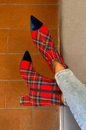 Patchwork Pointed Toe Plaid Chunky Heel Red Ankle Boots