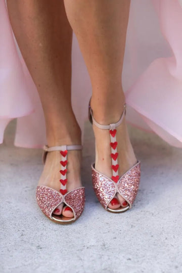 Pink Glitter Peep Toe T-Strap Red Heart Summer Sandals