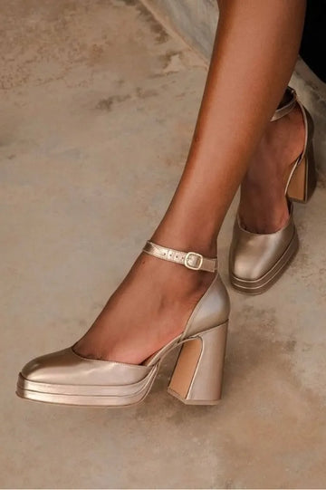 Metallic Bronze Block Heel Pumps