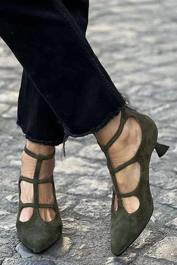 Matte Hollow Out Ankle Strap Pointed Toe Green Kitten Heels