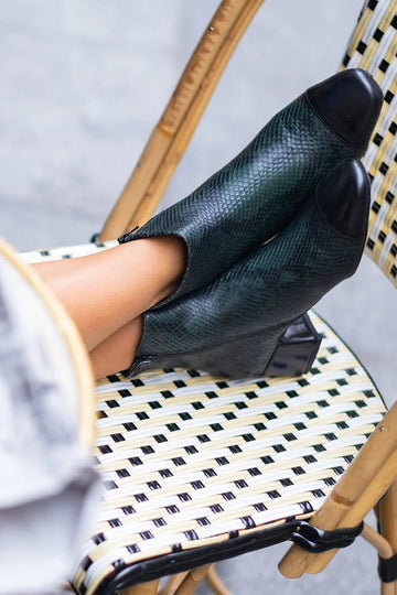 Snake Print Square Toe Dark Green Chunky Heel Boots