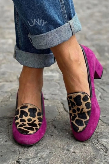 Chic Fuchsia Faux Suede Leopard Print Round Toe Chunky Heels