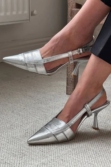 Metallic Sheen Pointed Toe Slingback Silver Stiletto Heels
