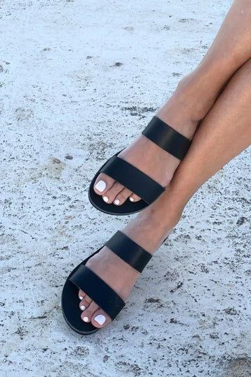 Minimalist Black Double Strap Flat Slide Sandals