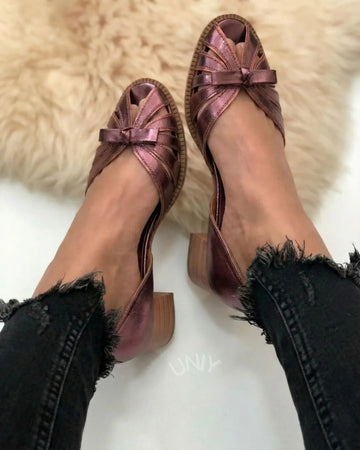 Retro Purple Bow Strappy Peep Toe Block Heel Sandals