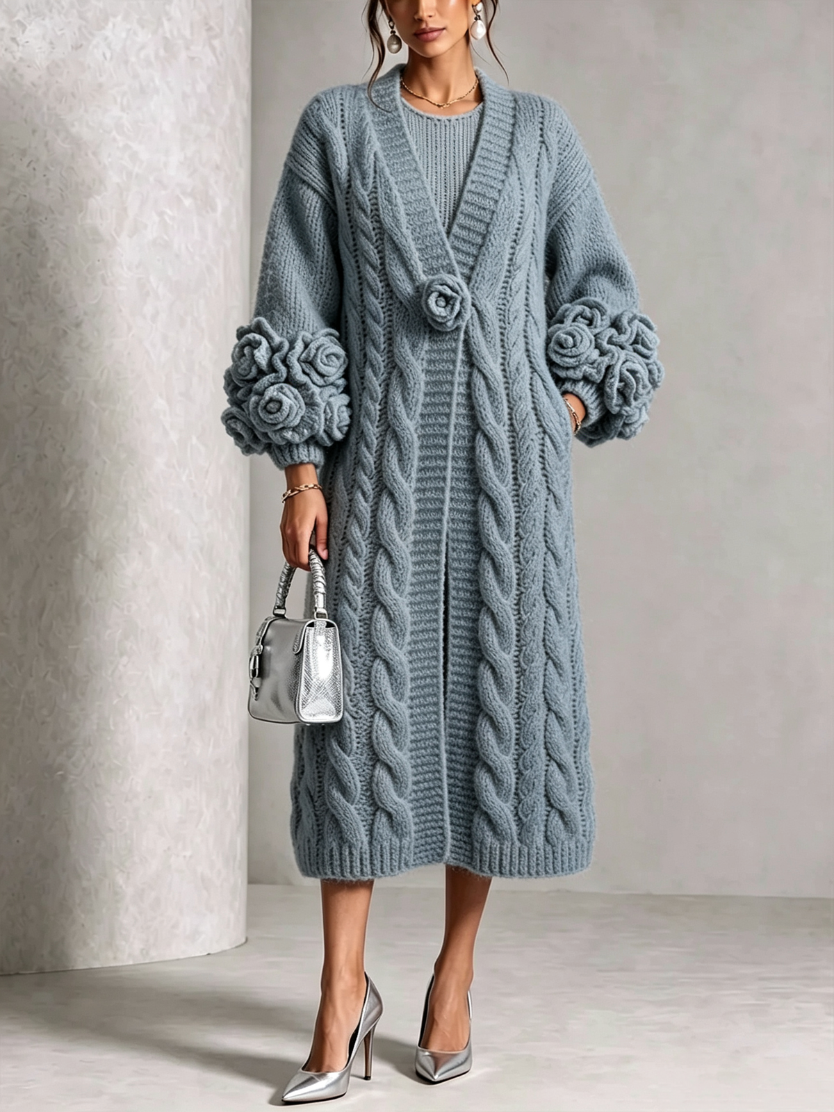 🤲LAST DAY SAVE 49% ⏰Chic Cream Floral Accented Cable-Knit Cardigan
