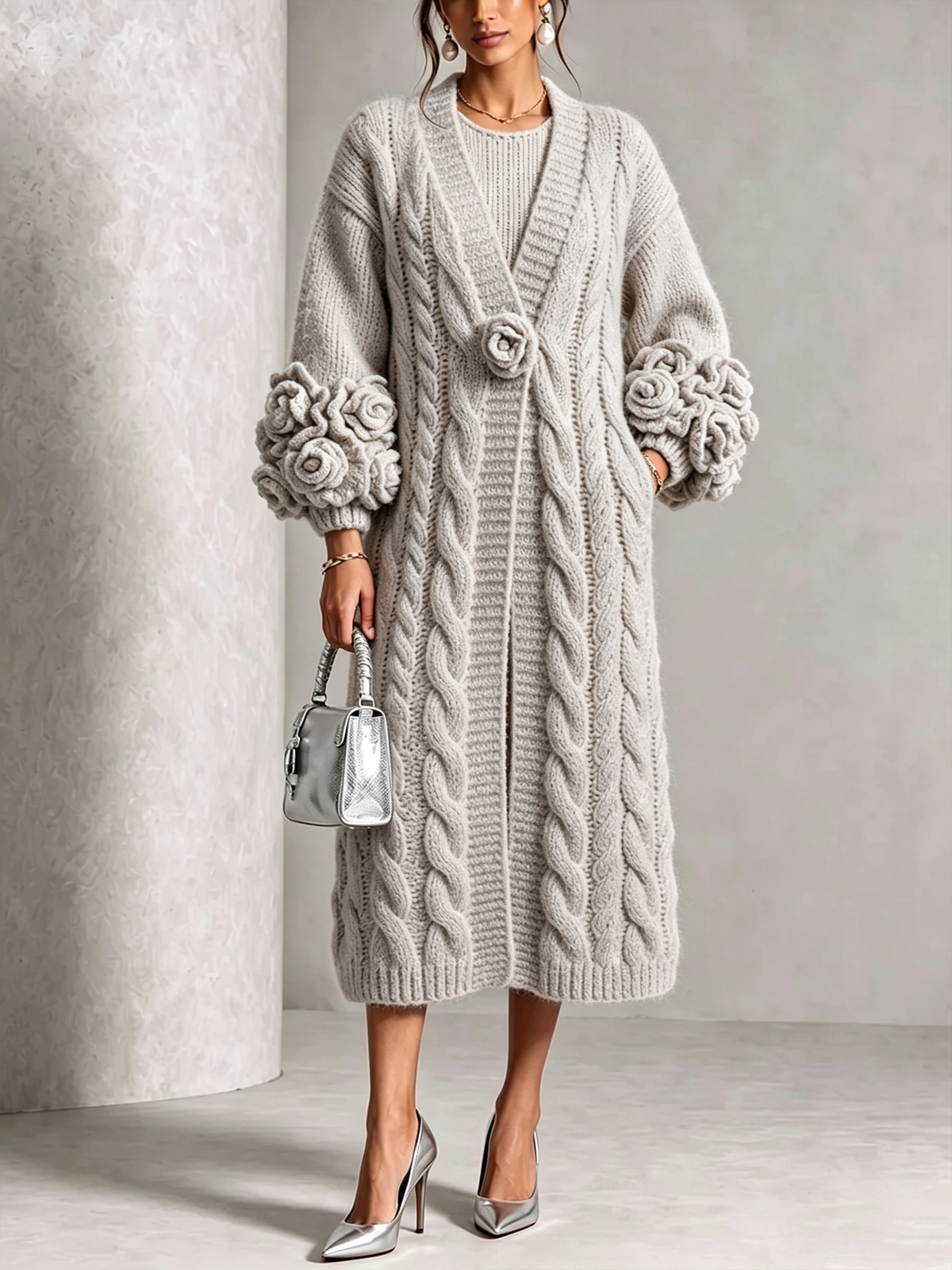🤲LAST DAY SAVE 49% ⏰Chic Cream Floral Accented Cable-Knit Cardigan