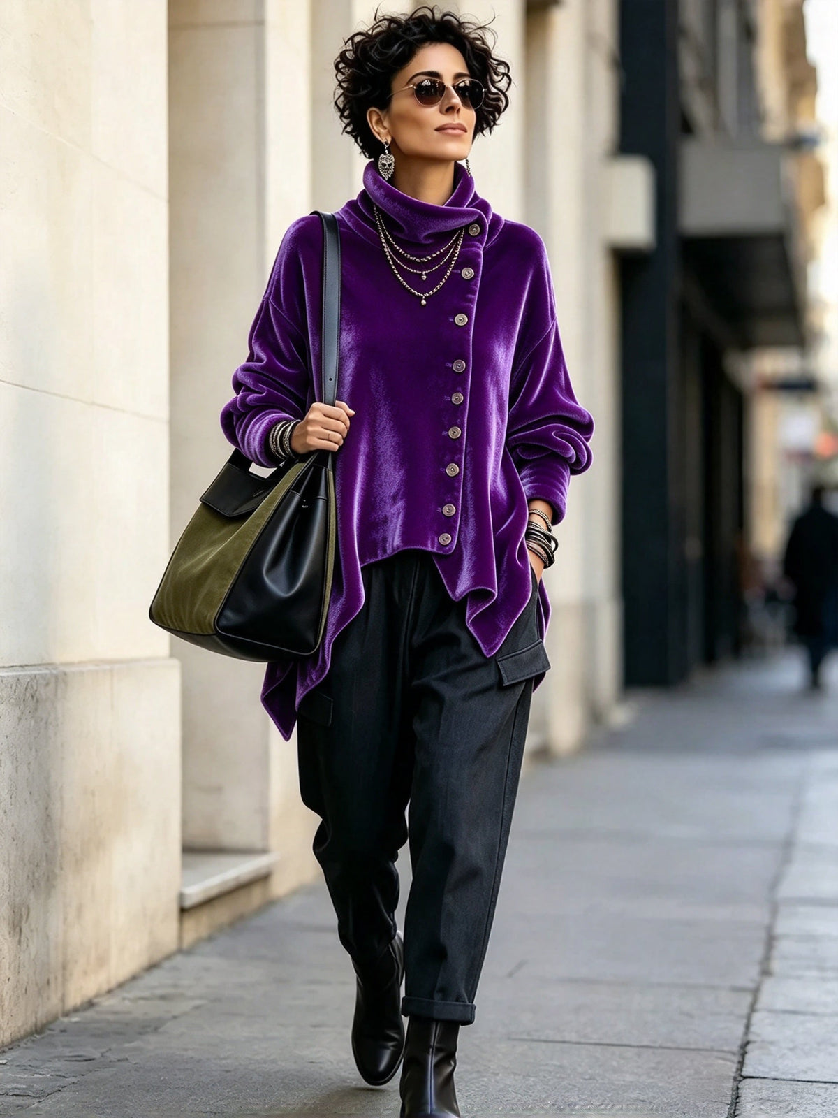 🤲LAST DAY SAVE 49% ⏰Chic Velvet Asymmetric Button Turtleneck Top