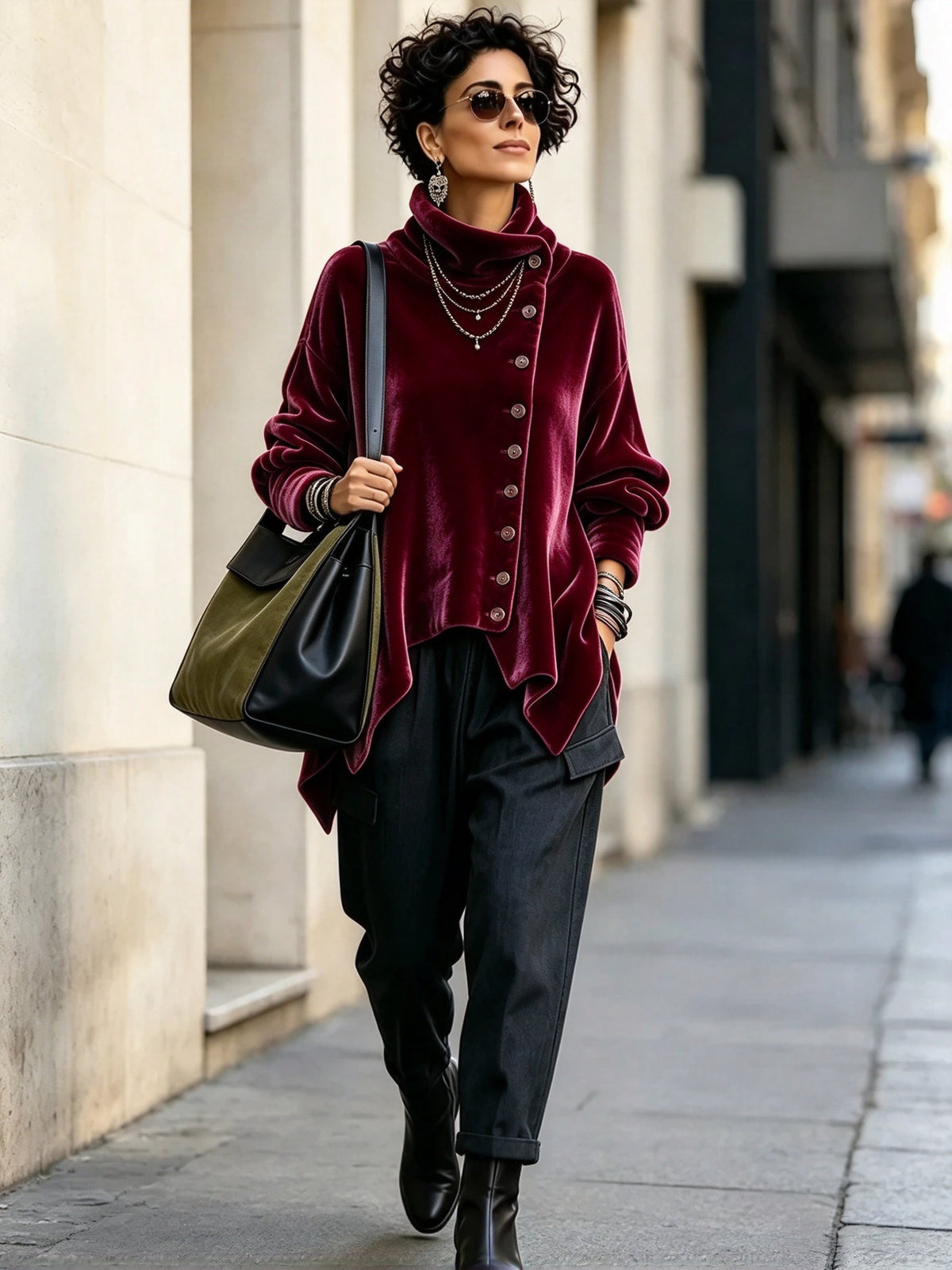 🤲LAST DAY SAVE 49% ⏰Chic Velvet Asymmetric Button Turtleneck Top