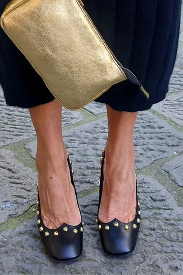 Black Square Toe Studded Slip-On Versatile Minimalist Mid Heels