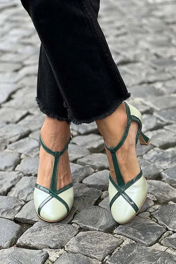 T-Strap Buckle Patchwork Light Green Stiletto Heels
