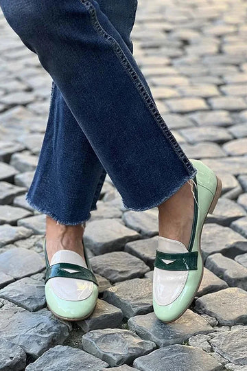 Round Toe Patchwork Slip On Light Green Loafers