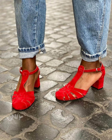 Elegant Red Suede Woven T-Bar Strappy Block Heels