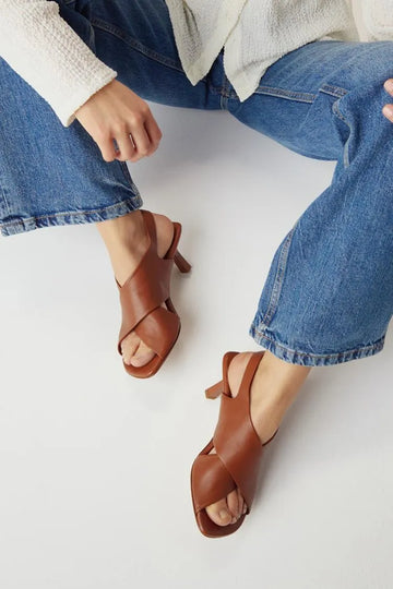 Open Toe Solid Color Slingback Brown Stiletto Heels