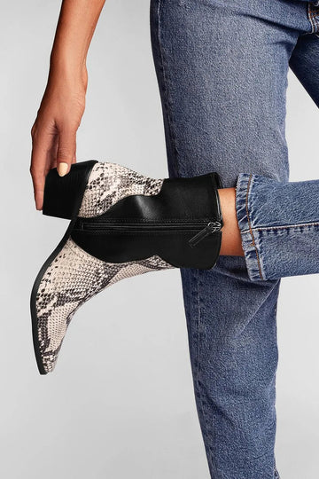 Snake Print Pointed Toe Patchwork Black Chunky Heels Boots
