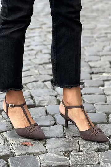 T-Strap Buckle Hollow Out Pointy Toe Dark Brown Stiletto Heels