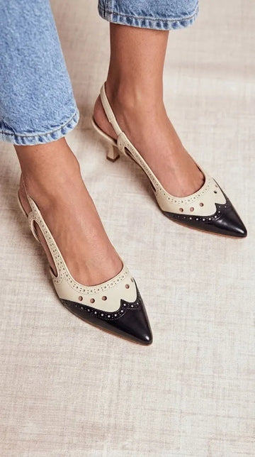 Brogue Detail Pointed Toe Slingback Beige Kitten Heels