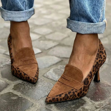 Retro Leopard Pattern Suede Pointed Toe Penny Loafer Mid Heels