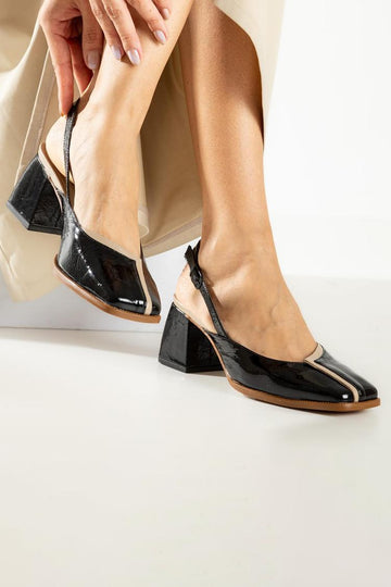 Patchwork Square Toe Slingback Black Chunky Heels