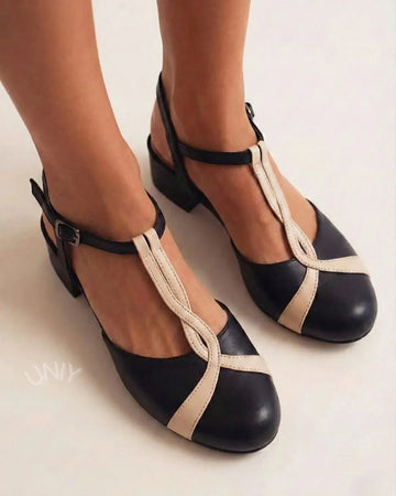 Versatile Black Contrast T-Strap Mid Block Heels