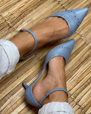 Solid Color Pointed Toe Ankle Strap Elegant Kitten Heels