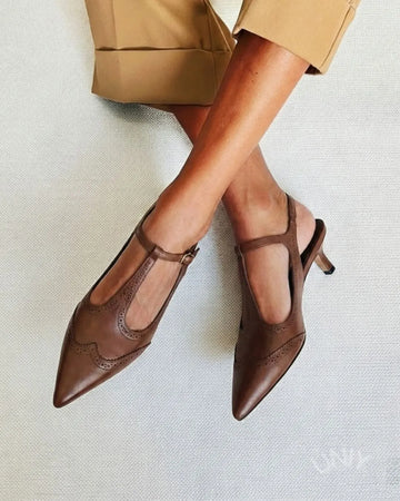 Brown Pointed Toe Retro T-Strap Open Back Mid Heels