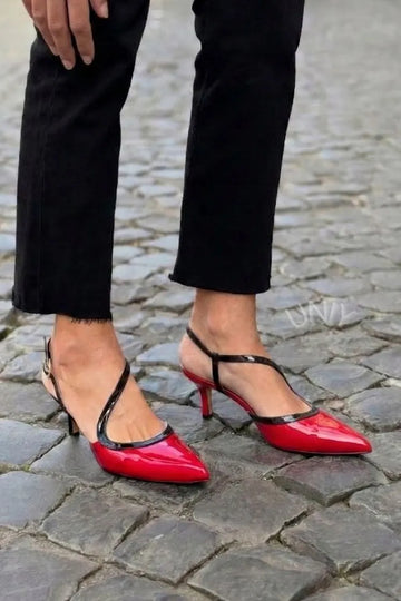 Colorblock Patent Leather Pointed Toe Slingback Heels