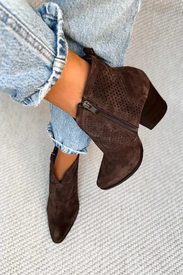Hollow Out Patchwork Zipper Pointed Toe Dark Brown Heel Boots