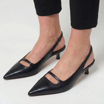 Chic Black Pointed Toe Cutout Strap Slingback Kitten Heels