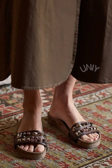 Brown Leather Studded Platform Single Strap Slide Sandals